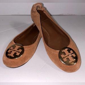 Tory Burch Brown Suede Ballet Flats with Gold TB Emblem